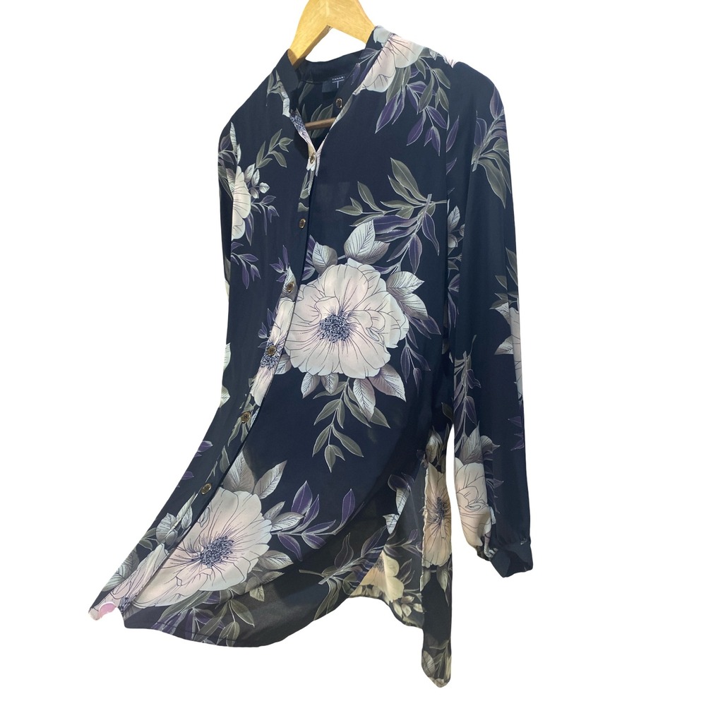 Tahari‎ Womens Black Floral Print High Low Button Down Tunic Blouse Top longline - Picture 6 of 11